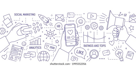 Horizontal banner with hands holding magnet, megaphone and mobile phone drawn with contour lines on white background. Social media marketing, seo optimization. Vector illustration in lineart style.