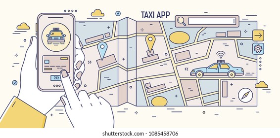 Horizontal banner with hands holding mobile phone, paper city map, search box and taxi car driving on street. Smartphone application for online cabs booking. Modern colorful vector illustration