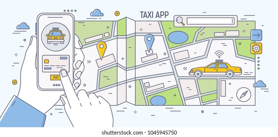 Horizontal banner with hands holding smartphone against city street map and driving yellow taxi car on background. Mobile application for online cabs booking. Colorful vector illustration.