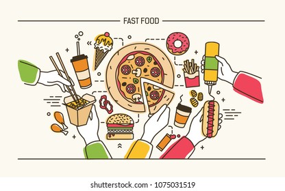 Horizontal banner with hands holding tasty fast food meals - pizza, hot dog, noodles. Delicious products. Modern colorful vector illustration for restaurant or delivery advertisement, promo