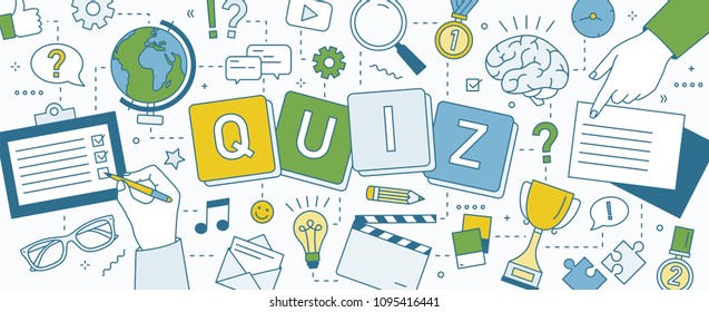 Horizontal banner with hands of people solving puzzles, playing intellectual game and answering smart quiz questions. Test of intelligence or intellect. Colorful vector illustration in line art style