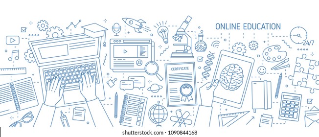 Horizontal banner with hands typing on computer and various office supplies drawn with contour lines on white background. Online education, internet studying. Vector illustration in lineart style