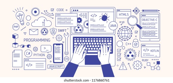 Horizontal banner with hands typing on laptop keyboard, various electronic devices and symbols. Programming, software development, coding. Monochrome vector illustration in modern line art style.