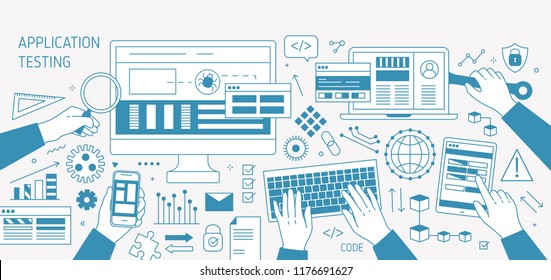 Horizontal banner with hands and various electronic devices drawn with contour lines on white background. Software, program or application testing. Monochrome vector illustration in linear style.