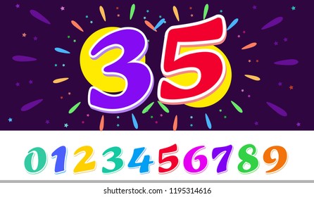 Horizontal banner – Happy birthday! Bright template with the number 35 in the circle of fireworks. Vector illustration on dark background.