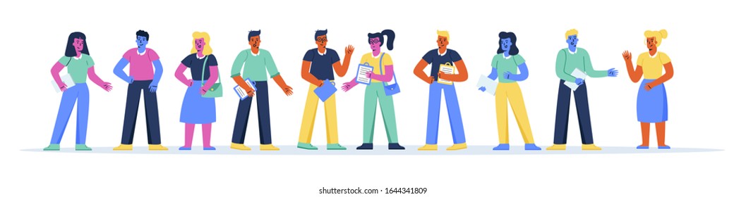 Horizontal banner with happy business people, office workers, managers or clerks standing together. Group of male and female employees, colleagues, company staff. Flat cartoon vector illustration.