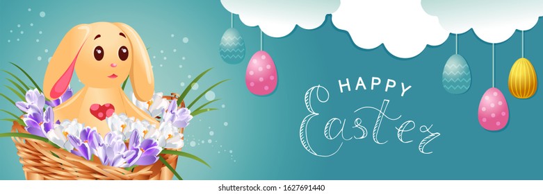 Horizontal banner Happy Easter. Cute rabbit in a basket with snowdrops, clouds, colorful eggs. Vector illustration.