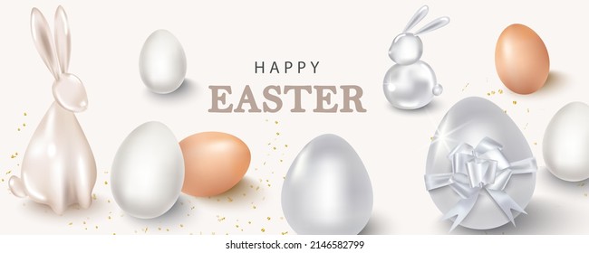 A horizontal banner with a happy Easter holiday. Easter banners with eggs, rabbit, golden confetti on a beige background. Vector illustration with 3d decorative objects.