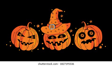 Banner horizontal Feliz Halloween con calabazas aterradoras en un fondo negro. Sombreros monstruos de Halloween con dientes, bocas y mandíbulas. Dibujo vectorial de dibujos animados coloridos de vacaciones.