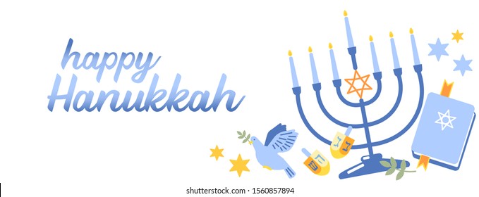 Horizontal banner with Happy Hanukkah slogan and Jewish religious elements. Hanukkah festive symbols background. Congratulation inscription with Hebrew festival with items on white background