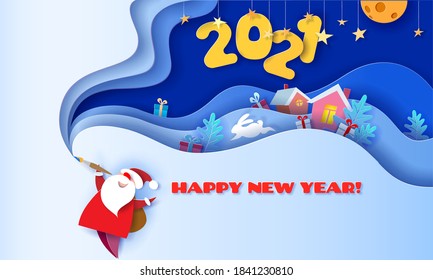 Horizontal banner Happy New Year 2021. Santa Claus with brush on blue background and multi layered shapes with trees and village. 3D paper art cut style. Vector illustration.