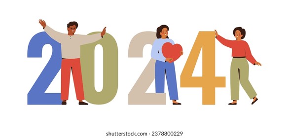 Horizontal banner with Happy people near 2024 numbers. Smiling friends celebrate new year holidays and christmas. Vector illustration