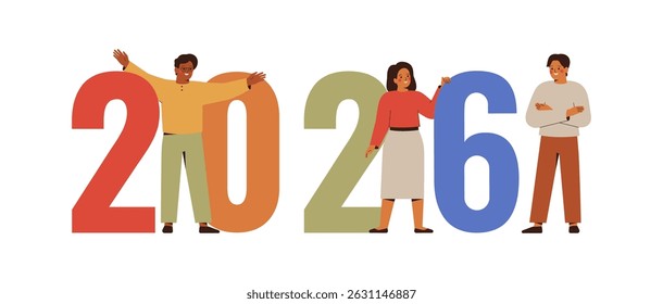 Horizontal banner with Happy people near 2026 colourful numbers. Smiling friends and colleagues celebrate new year holidays and christmas. Vector illustration