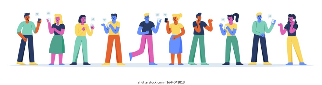 Horizontal banner with happy people using smartphones. Set of funny men and women communicating via cellphones, surfing internet on mobile phones or texting. Modern flat cartoon vector illustration.