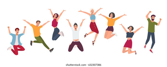 Horizontal banner with happy people. Young guys and girls jumping. Colorful vector  illustration in flat style.