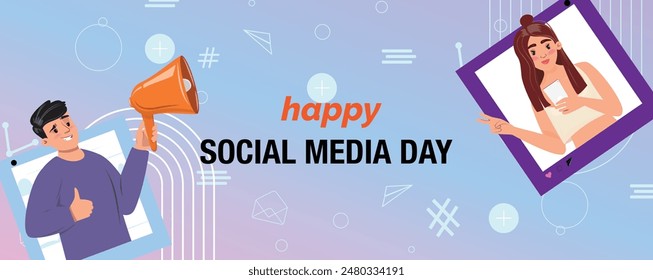 Horizontal banner for happy Social Media day with a gradient background. Young man holding a megaphone in one hand and showing thumb up, young woman is shown in another social media window