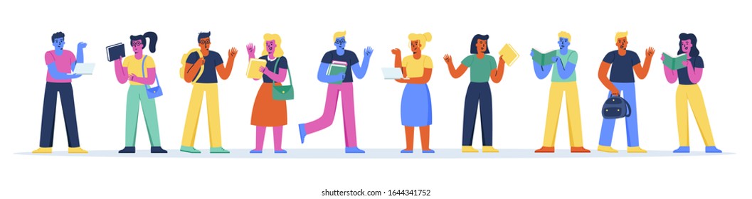 Horizontal banner with happy teenage boys and girls with books. Collection of cute funny college or university students or pupils with textbooks and laptops. Modern flat cartoon vector illustration.