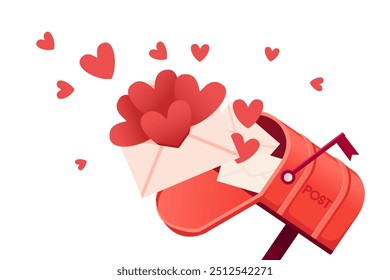 Horizontal banner Happy Valentine's Day. Postal envelope with a heart, red hearts fly around. Greetings card design with red classic mailbox. Vector illustration isolated on white background