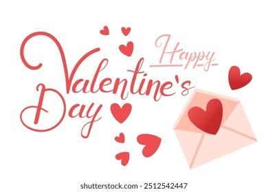 Horizontal banner with Happy Valentine's Day lettering. Postal envelope with a heart, red hearts fly around. Greetings card design. Vector illustration isolated on white background
