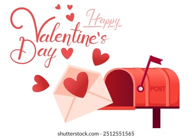 Horizontal banner with Happy Valentine's Day lettering. Postal envelope with a heart, red hearts fly around. Greetings card design with red classic mailbox. Vector illustration isolated on white