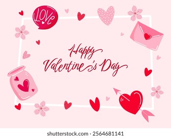 Horizontal banner with Happy Valentine's Day lettering. Postal envelope with a heart, red hearts fly around. Greetings card design with red classic mailbox. Vector illustration isolated on pink.