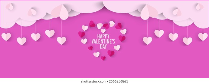 Horizontal banner  Happy Valentine's day with copy space, Beautiful paper cut white clouds with white heart frame on pink background.Template for celebration, ads, branding, banner, cover, label, post