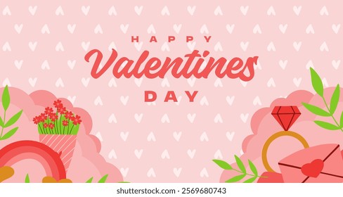 Horizontal banner Happy Valentine's day sale with pink heart patern. Place for text header or voucher template with cloud