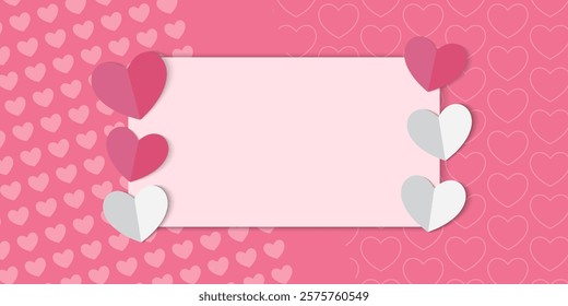 Horizontal banner Happy Valentine's day with copy space, Beautiful paper cut white clouds with white heart frame on pink background.Template for celebration, ads, branding, banner, cover, label, post