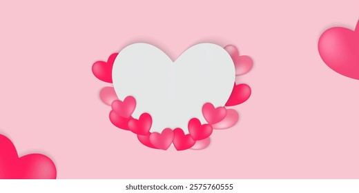 Horizontal banner Happy Valentine's day with copy space, Beautiful paper cut white clouds with white heart frame on pink background.Template for celebration, ads, branding, banner, cover, label, post