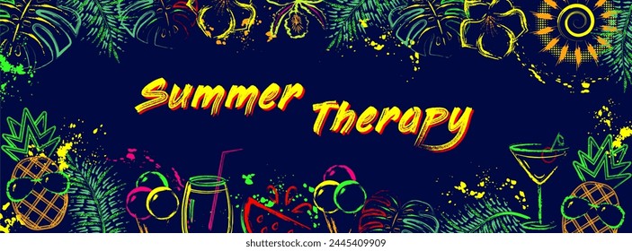 Horizontal banner, header with tropical foliage, flowers, fruits, cocktail glass, copy space. Grunge paint brush strokes, splattered paint. Glowing neon fluorescent colors Outline, contour style