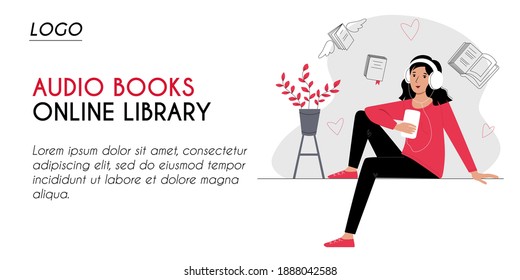 Horizontal banner header for web page template for online audiobooks library e-learning. Young woman in headphones listens to a book music audio course. Stock vector flat concept illustration.