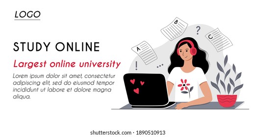 Horizontal banner header web template. Young woman in headphones with a laptop listens to a webinar training lesson. E-learning online language courses. Stock vector flat concept illustration.