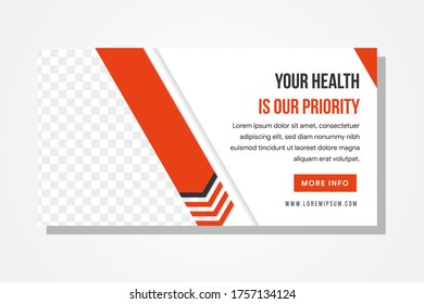 horizontal banner for health company use white and orange flat color. diagonal arrow face to down. space for photo on left side.