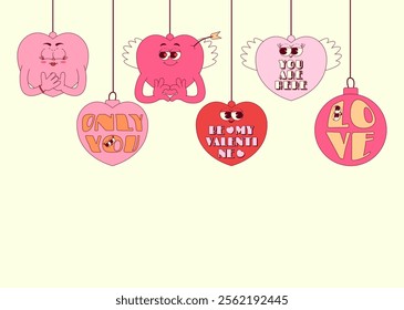 Horizontal banner with hearts characters in trendy retro groovy style. Lovely and psychedelic valentines day mascots with face, hands, cupids arrow and wings. Vector illustration with copy space