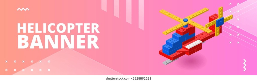 Horizontal banner with a helicopter assembled from plastic blocks for printing and design. Vector illustration.