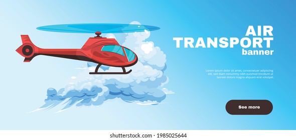 Horizontal banner with helicopter flying past the cloud on blue background flat vector illustration