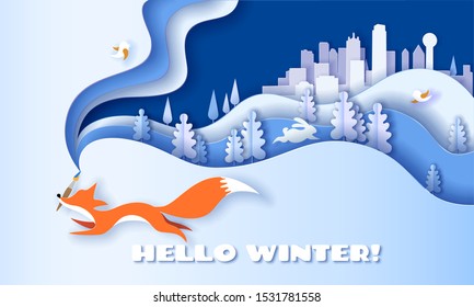 Horizontal banner Hello Winter. Fox running with brush on blue background and multi layered shapes with trees and city. 3D paper cut style. Vector illustration.