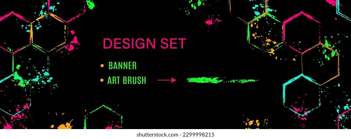 Horizontal banner with hexagons, paint brush strokes, spattered paint of neon bright colors. Virtual abstract poster, header for website with copy space. Clip art with design elements, art brushes.