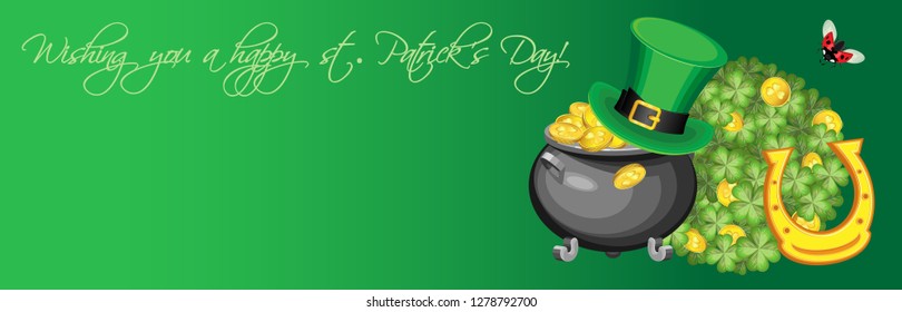 Horizontal banner for the holiday of St. Patrick's Day with a Leprechaun hat on a pot of gold in front of a ball of clover leaves and gold coins. Gradient green background