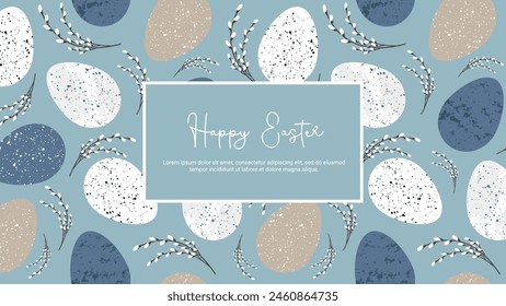 Horizontal banner with Holy Easter greeting in rustic style with Easter eggs, bouquet with willow branches on blue background. Vector template 