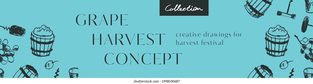 Horizontal banner for homemade wine. Panoramic pattern winemaking in vector. House wine label, template badge. Wine tasting poster. Ink doodle of wood barrel, bunch grape, corkscrew. Organic wines.