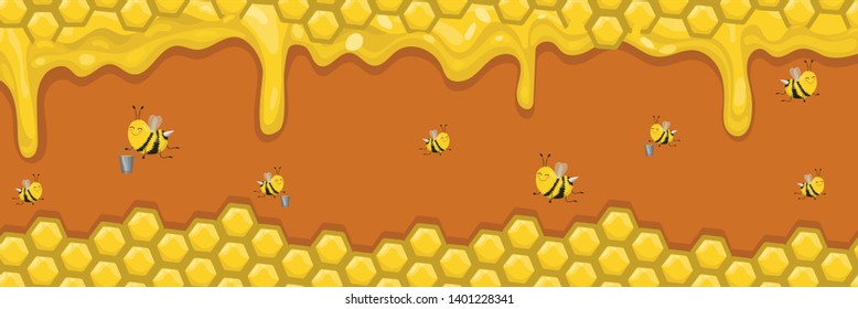 Horizontal banner with honeycombs, honey and bees. Bees carry honey in buckets. Vector illustration.