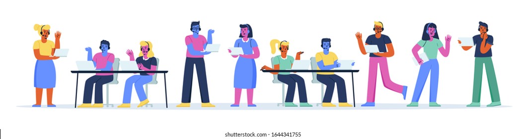 Horizontal banner with hotline operators, dispatchers. Bundle of cute men and women wearing headphones or headsets providing customer or technical support service. Flat cartoon vector illustration.