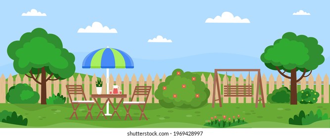 Horizontal banner with house backyard,  trees, bushes, lawn, flowers. Relax zone with table, chairs, swing. Vector illustration in flat style. 