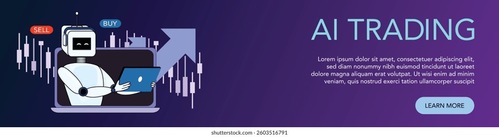 Horizontal banner with humanoid robot holding laptop on screen. Buy sell buttons and finance charts visible