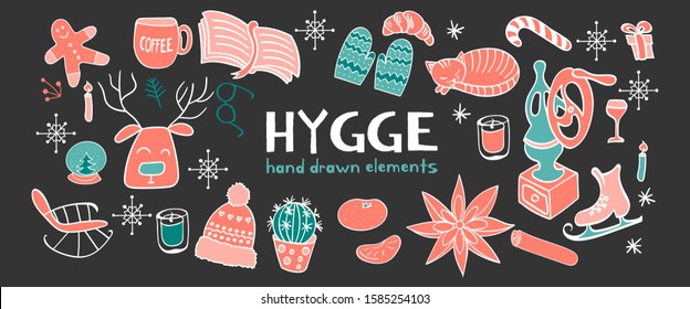 Horizontal banner with hygge hand drawn elements. Outline objects on dark background for cozy design. Vector illustration.