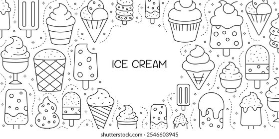 Horizontal Anuncio de iconos de línea de helado. Sundae, vainilla, chocolate, cono, sorbete. Diseño de Plantilla de fondo. Ilustración vectorial