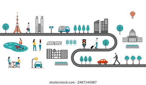 Ilustración Horizontal de Anuncio con el motivo de las carreteras y la vida de las personas