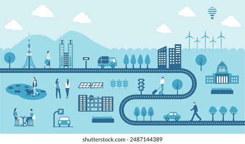 Horizontal banner illustration with the motif of roads and people's lives