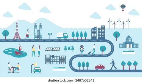 Horizontal banner illustration with the motif of roads and people's lives